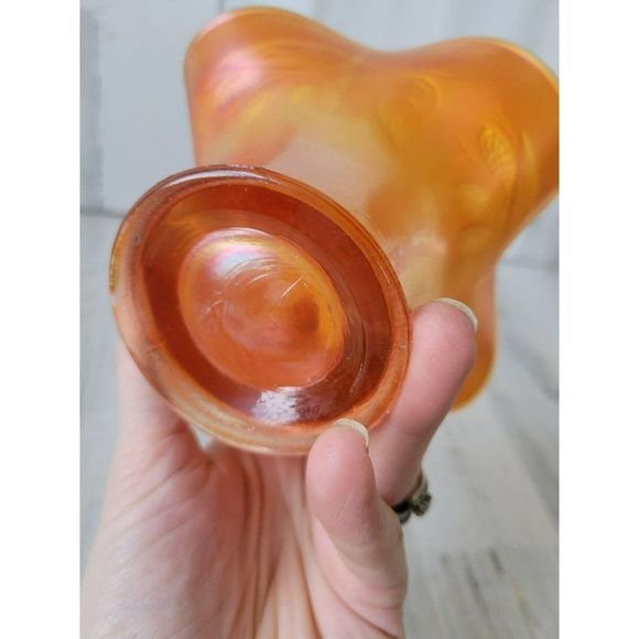 Fenton marigold Orange opalescent vase carnival leaf baseball vintage - Picture 5 of 8
